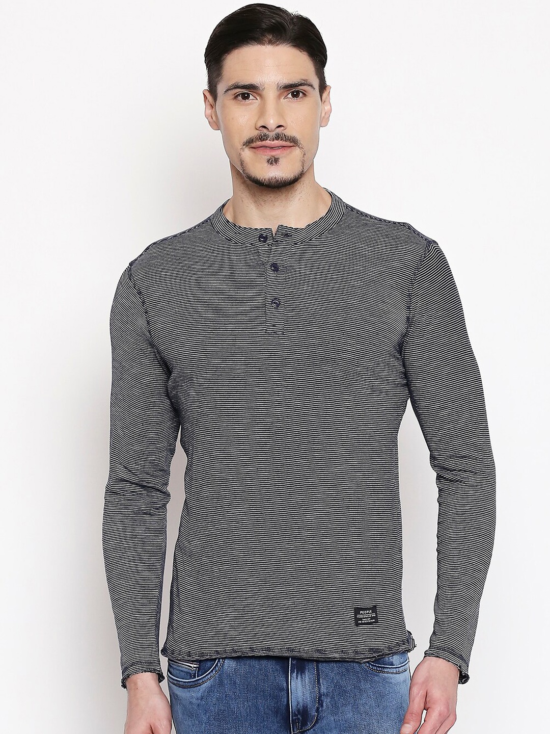 

People Men Navy Blue Striped Henley Neck Pure Cotton T-shirt
