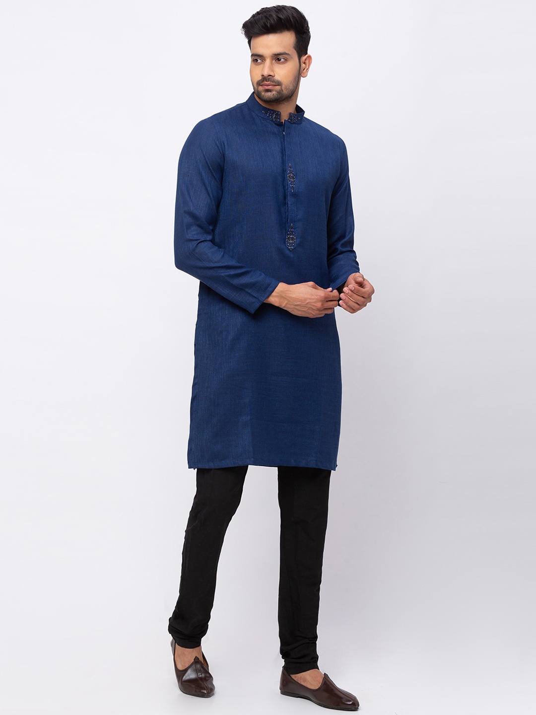 

Ethnicity Men Navy Blue Solid Straight Kurta