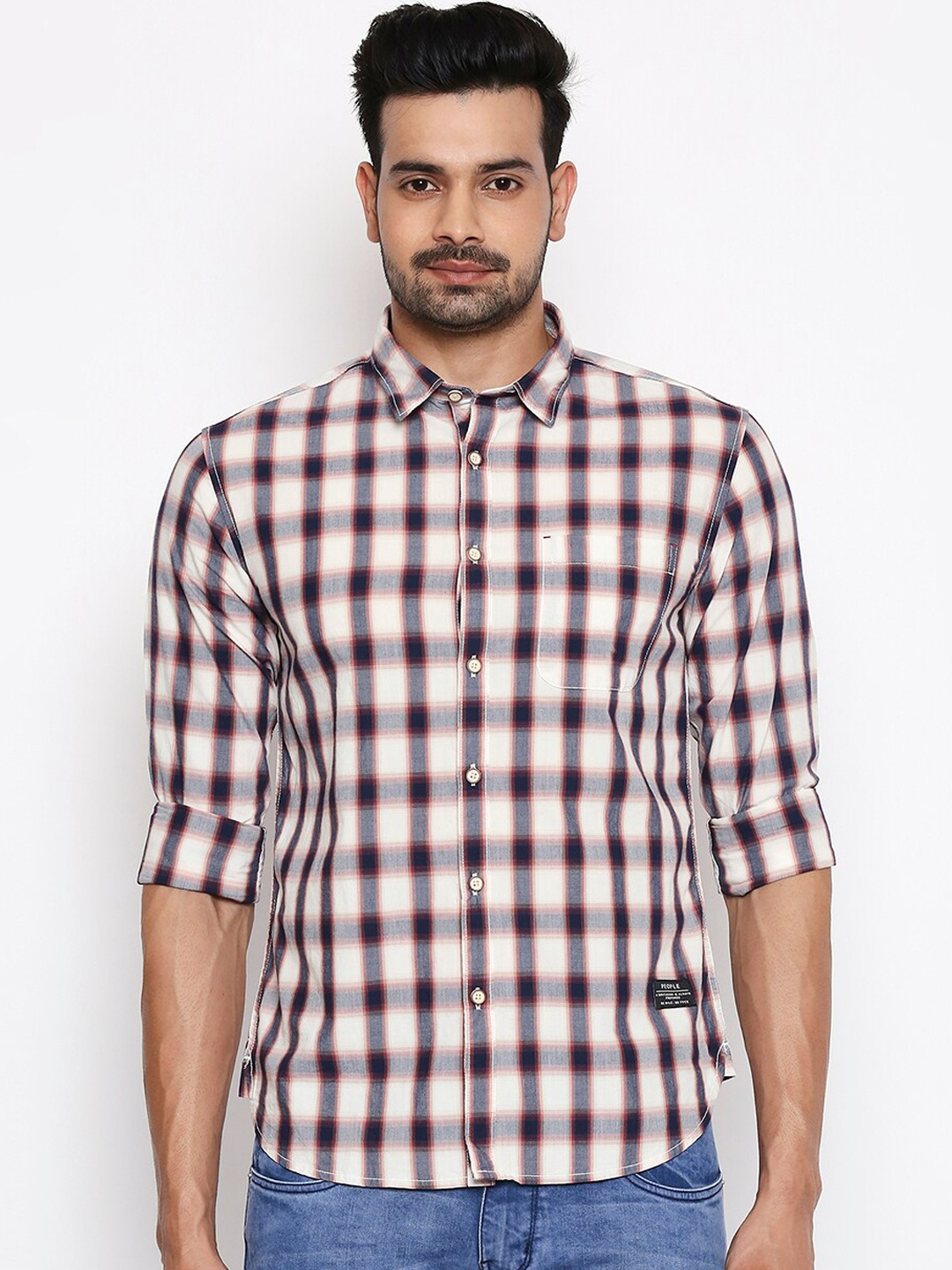 

People Men Navy Blue & Off-White Slim Fit Cotton Checked Casual Shirt