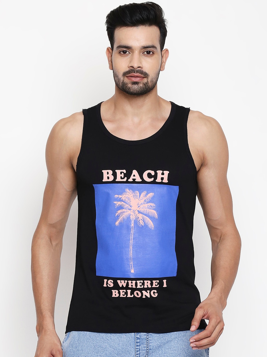 

People Men Black Printed Round Neck Sleeveless T-shirt