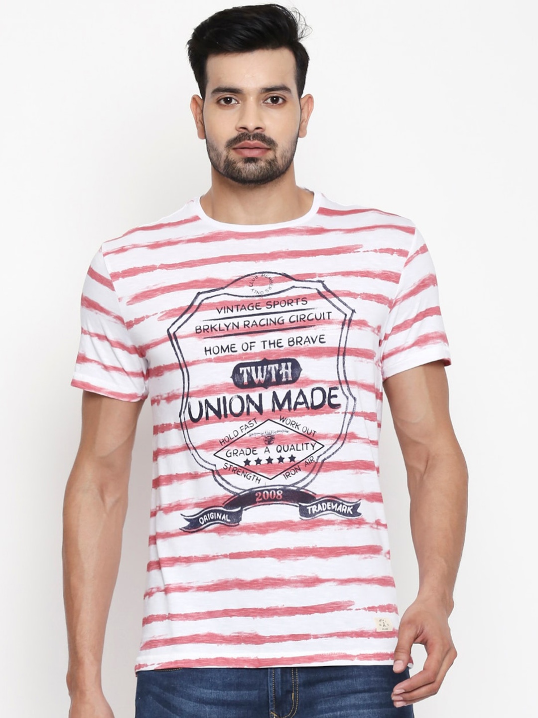 

People Men Pink Printed Cotton Round Neck T-shirt