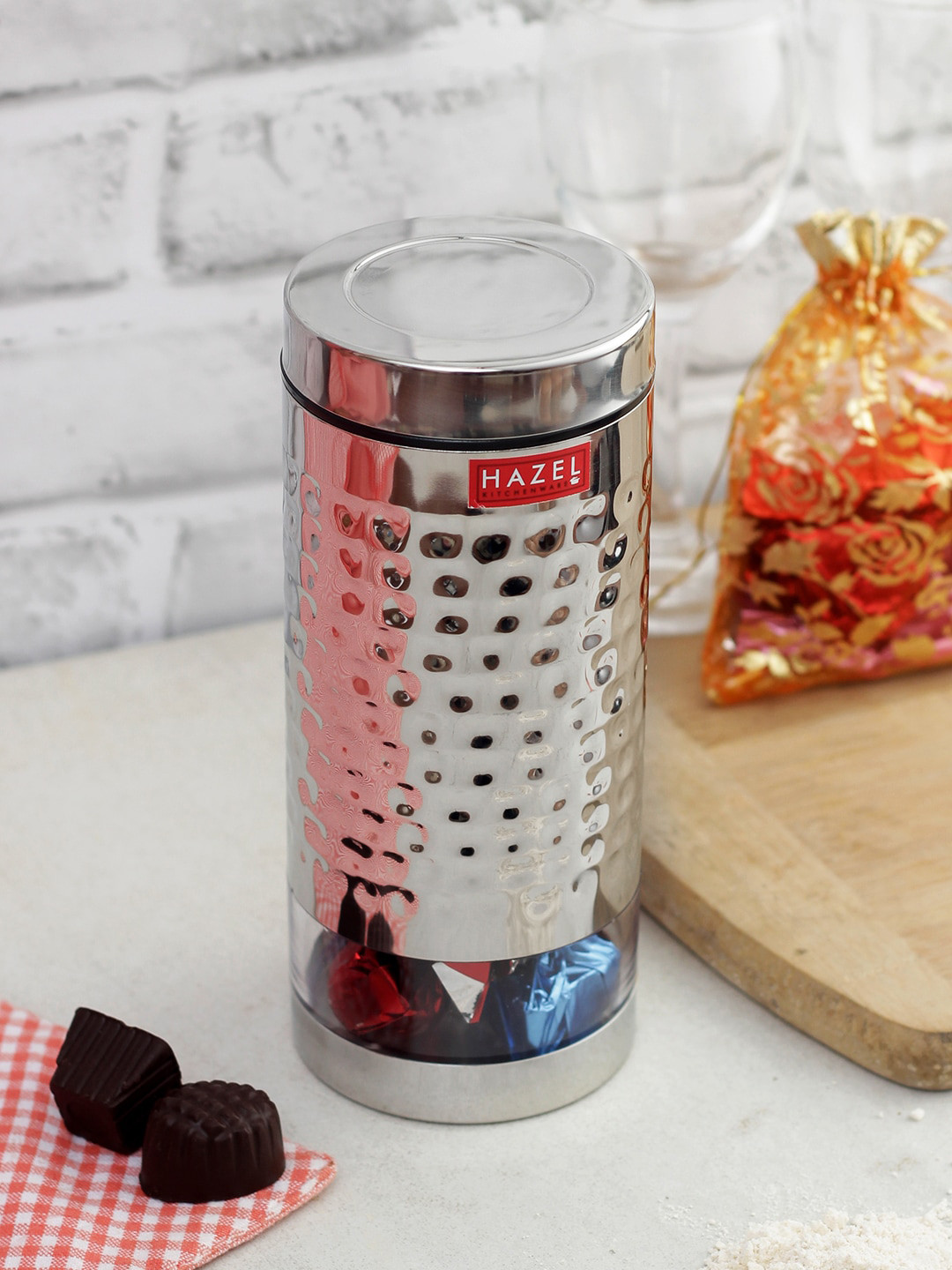 

HAZEL Set of 2 Silver-Toned Stainless Steel Hammered Finish See-Through Containers