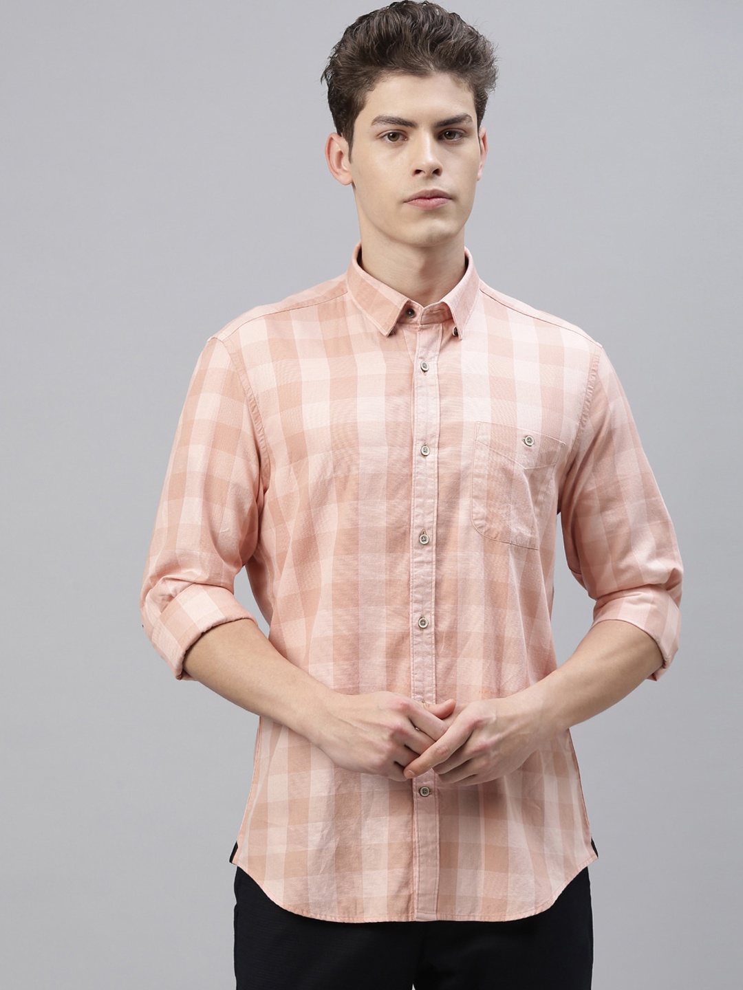

RARE RABBIT Men Peach-Coloured Tailored Fit Checked Casual Shirt
