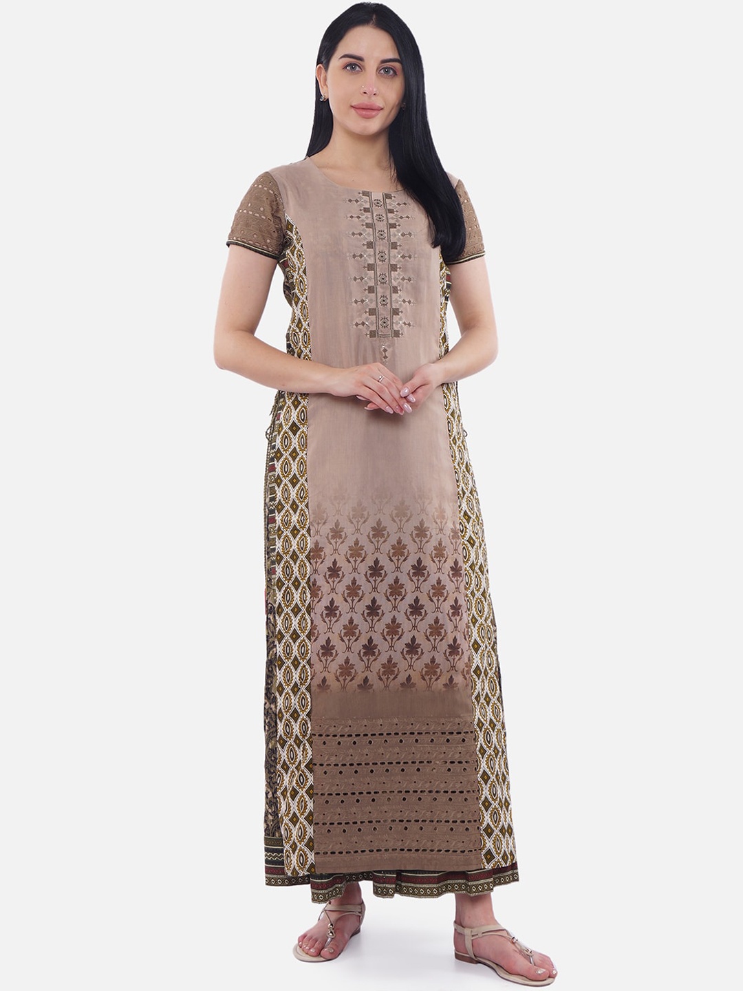 Be Indi Women Beige Embroidered Maxi Dress
