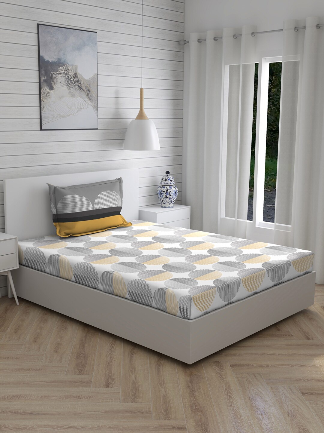 

Layers Grey & Yellow Printed 144 TC Cotton Single Bedsheet With 1 Pillow Cover