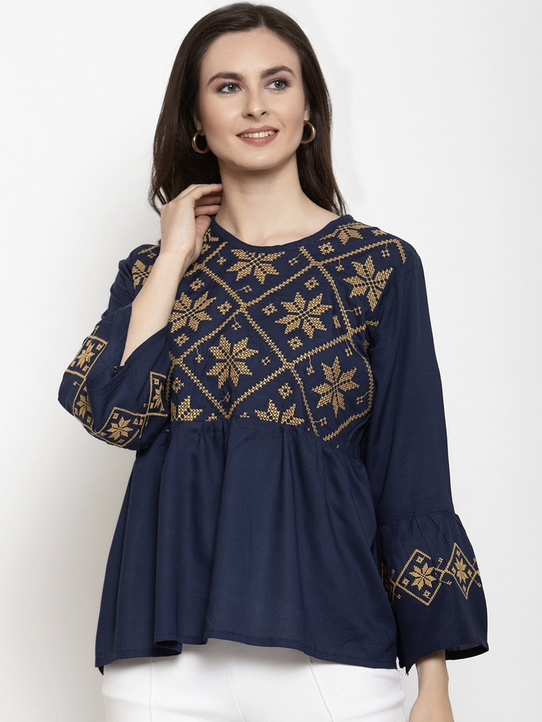 

Purple State Women Blue Self Design A-Line Top