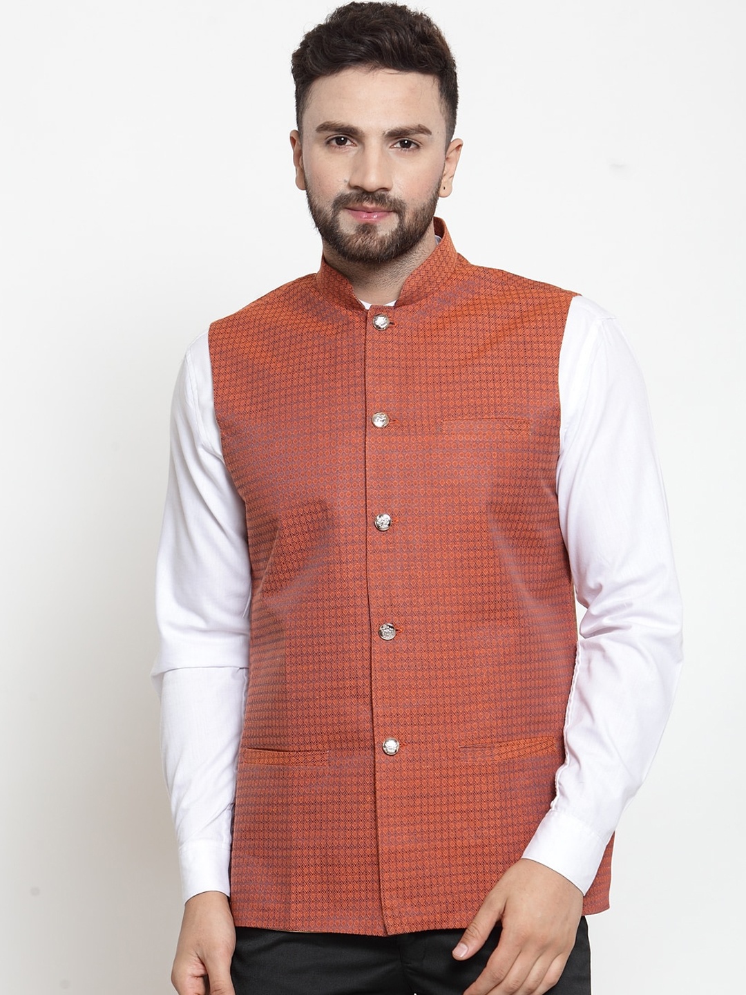 

Jompers Men Orange Woven Design Nehru Jacket