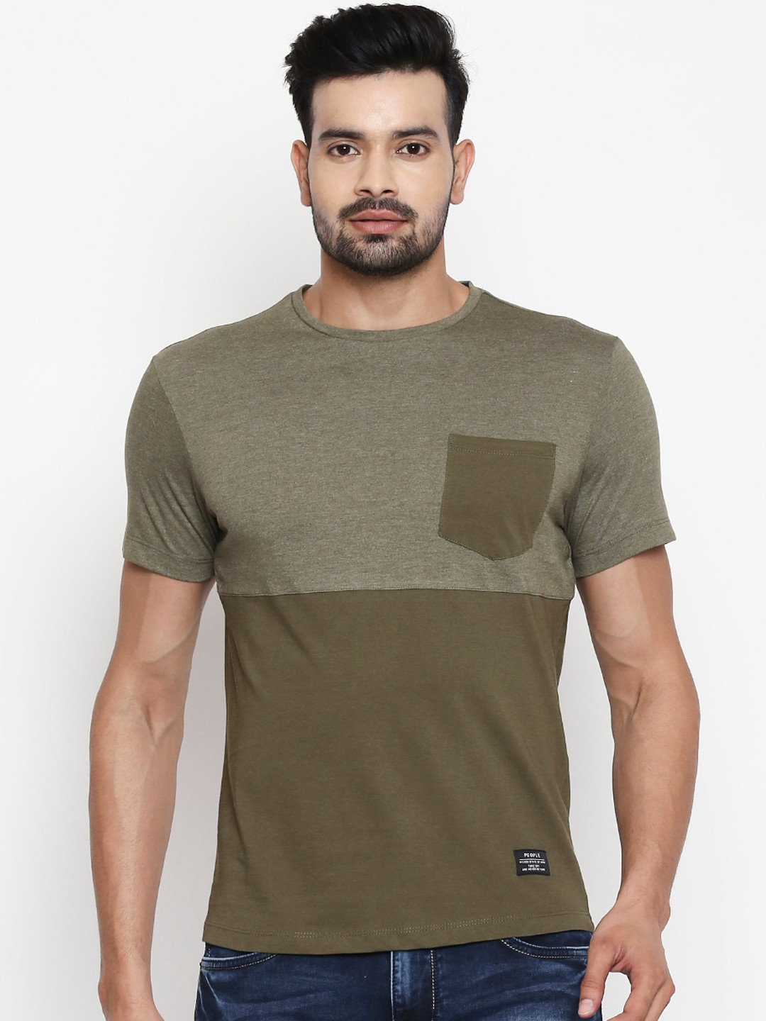 

People Men Olive Green Colourblocked Round Neck Cotton T-shirt