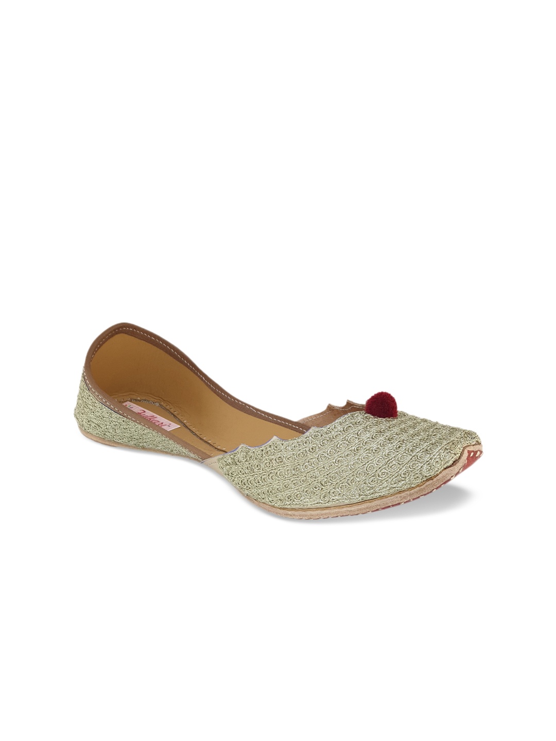 Fulkari Women Gold-Toned Woven Design Leather Mojaris