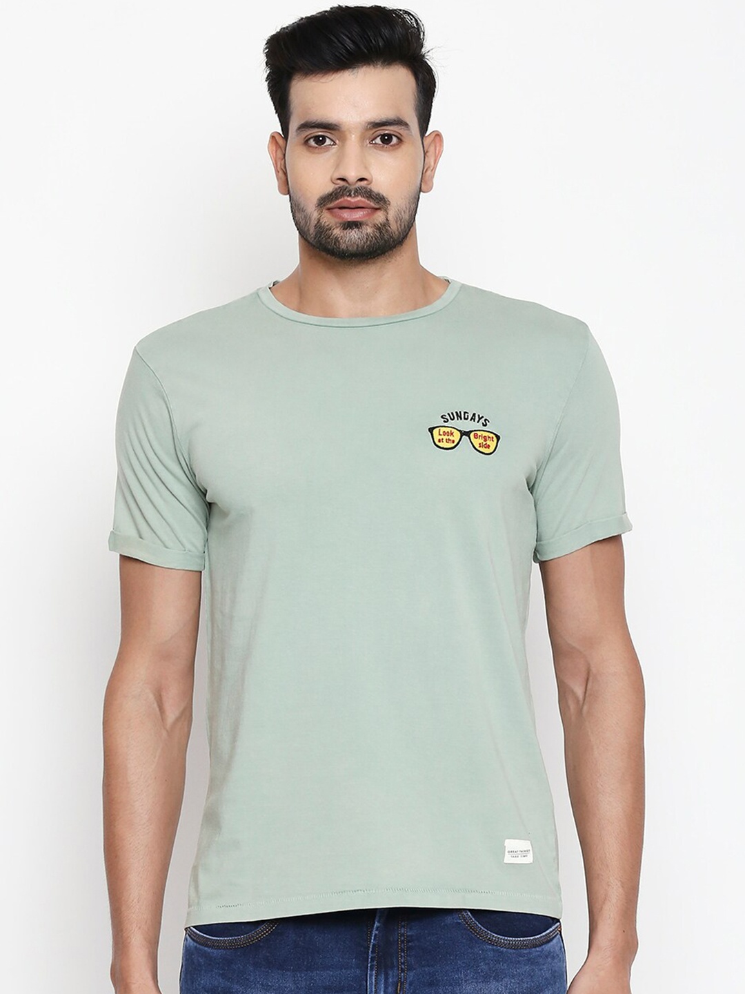 

People Men Green Solid Round Neck Cotton T-shirt