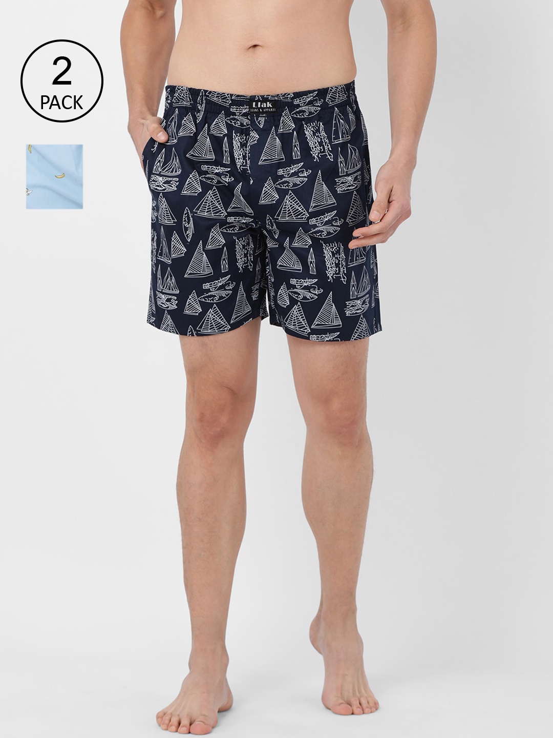 

Llak Jeans Men Pack Of 2 Printed Relaxed-Fit Pure Cotton Boxers Boxer Set-8-7-BP, Blue