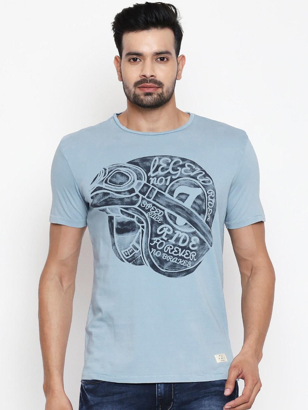 

People Men Blue Printed Round Neck Cotton T-shirt