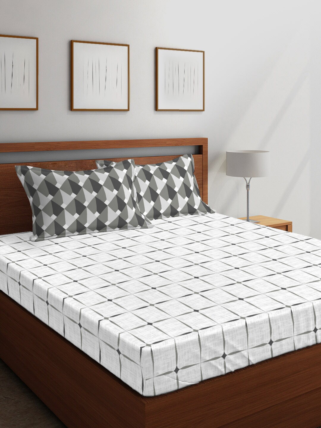 Layers Grey & White Printed 144 TC 1 Queen Bedsheet With 2 Pillow Covers