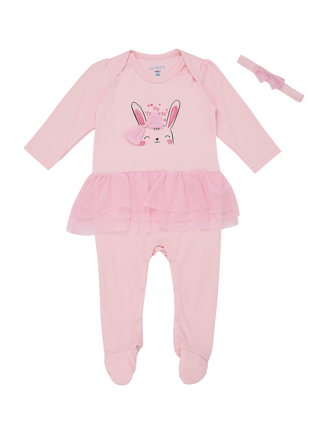 

Pantaloons Baby Infant Girls Pink Printed Sleepsuit With Headband