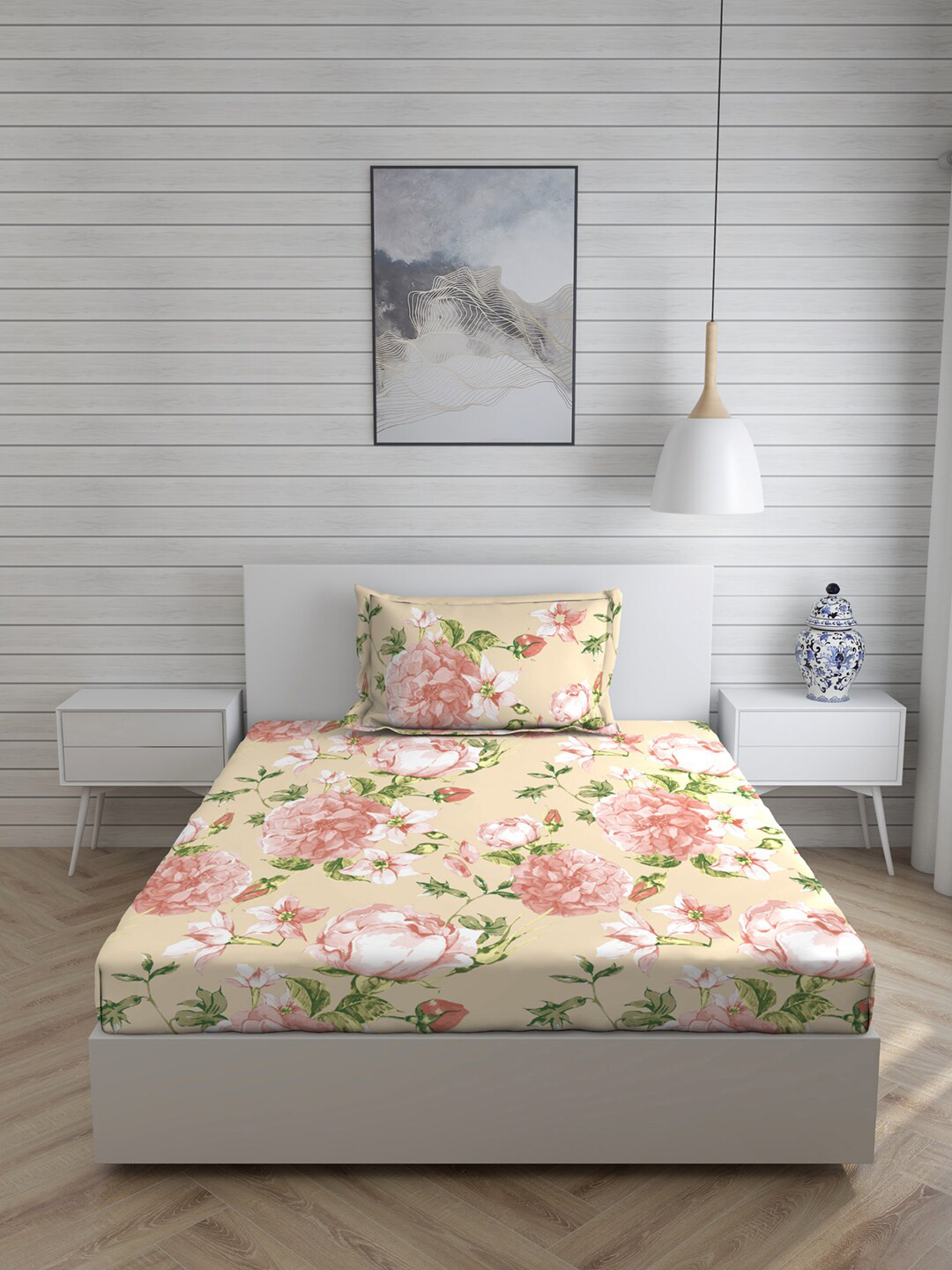 

Layers Beige & Pink Floral 144 TC Cotton 1 Single Bedsheet With 1 Pillow Cover