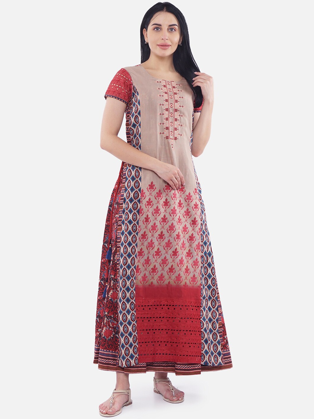 Be Indi Women Beige Embroidered Maxi Dress