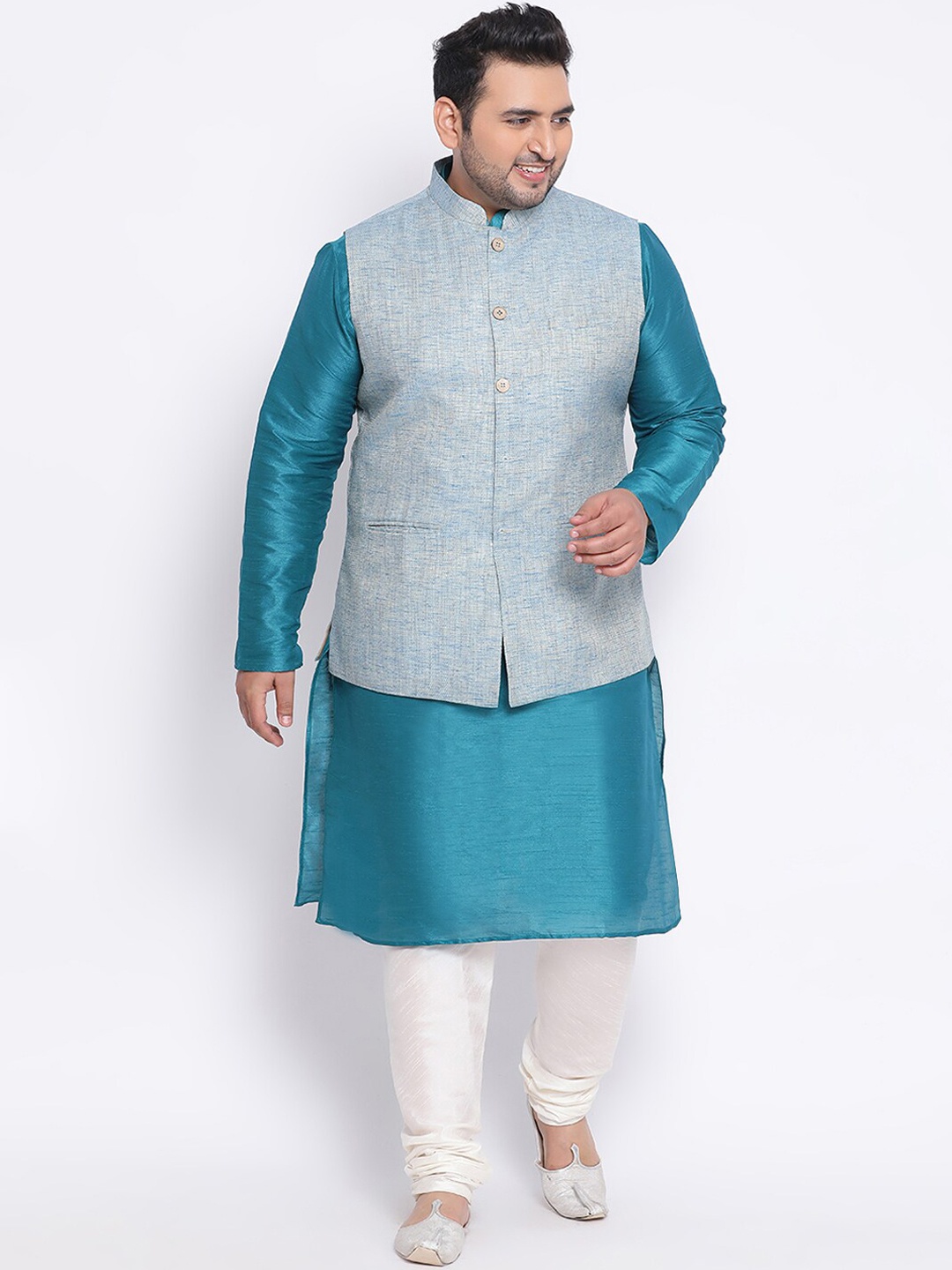 KISAH Men Solid Regular Fit Woven Kurta Jacket Churidar Set, Blue