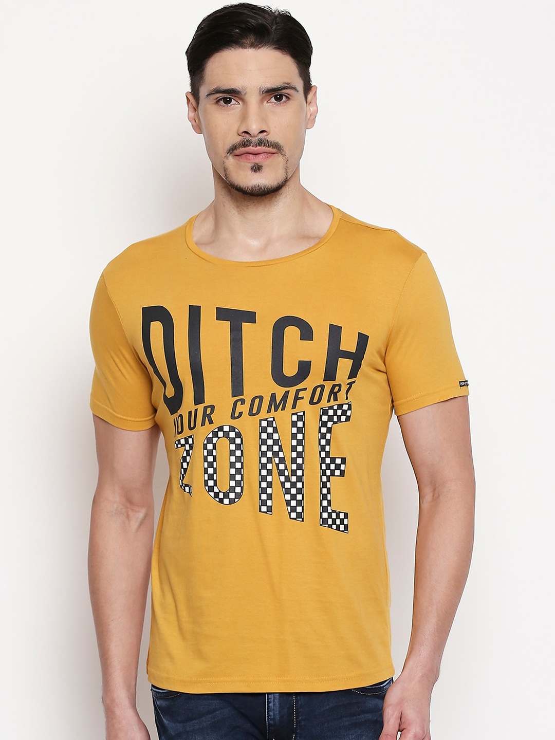 

People Men Mustard Printed Round Neck Cotton T-shirt