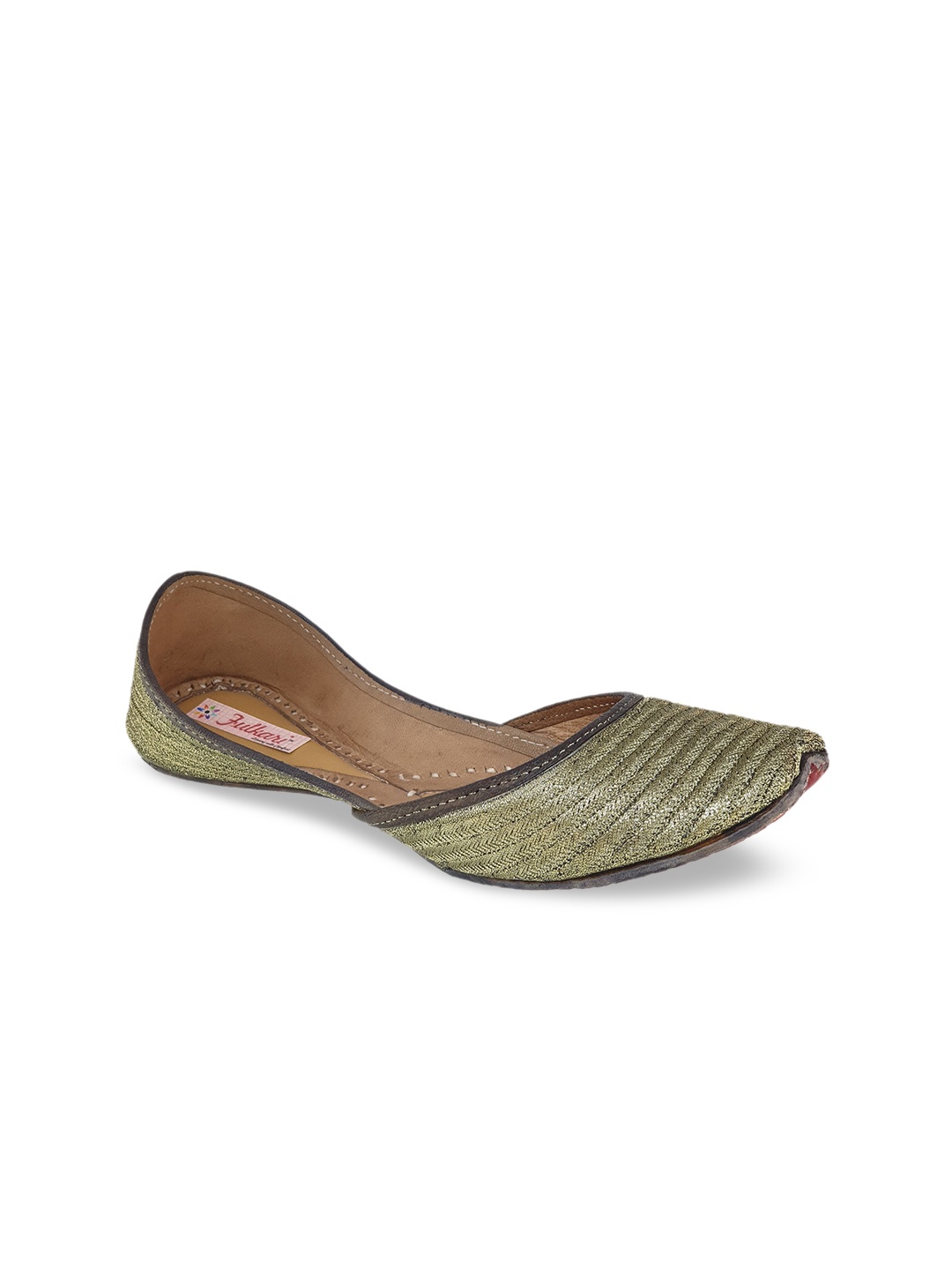 Fulkari Women Gold-Toned Woven Design Leather Mojaris
