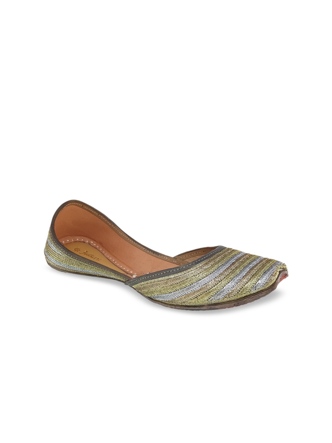 Fulkari Women Green Woven Design Leather Mojaris