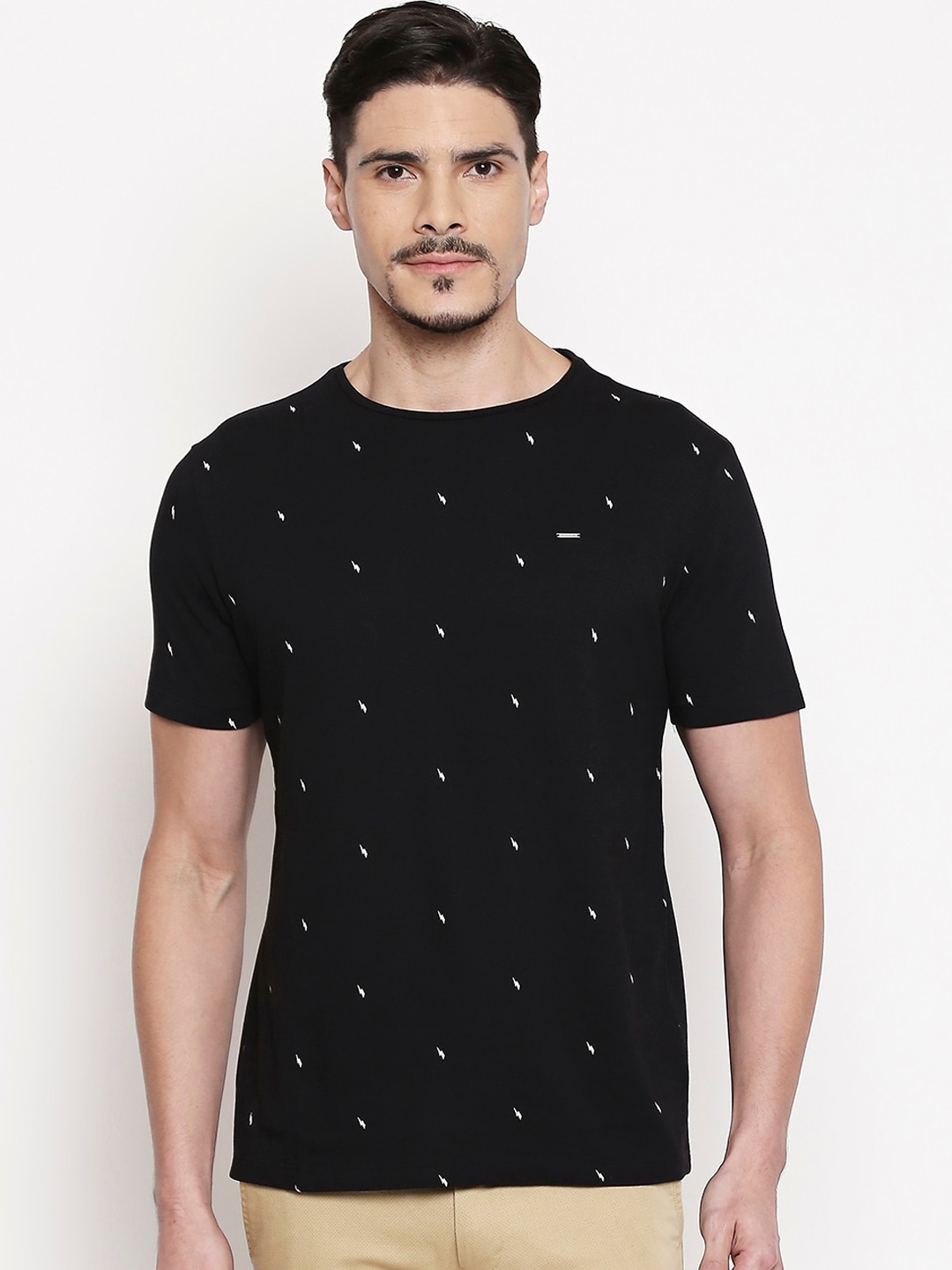 

People Men Black Printed Round Cotton Neck T-shirt