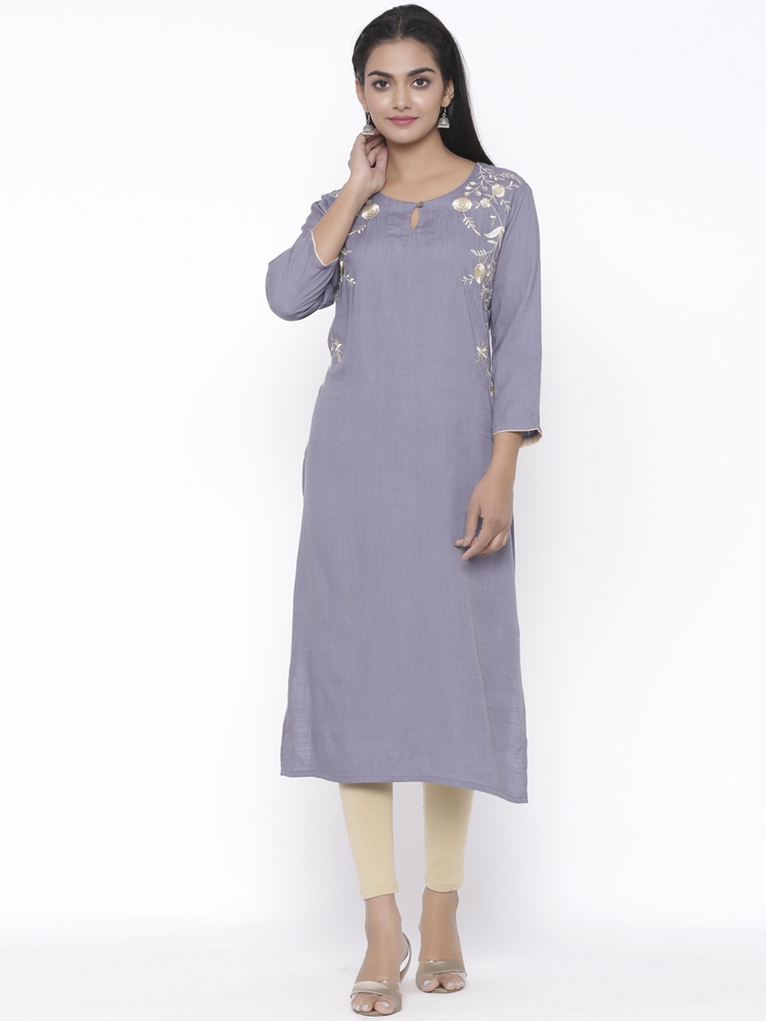 

fabGLOBAL Women Grey Solid Straight Kurta