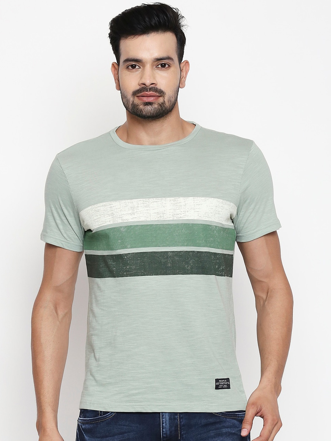 

People Men Green Printed Round Neck Cotton T-shirt