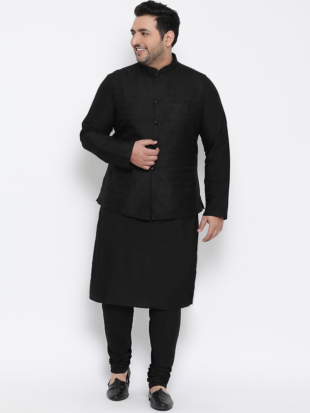 KISAH Men Black Solid Woven Kurta and Pyjamas with Nehru Jacket