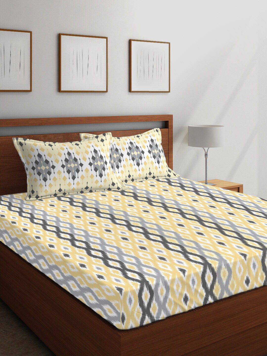

Layers Grey & Yellow Printed 144 TC Double Queen Bedsheet With 2 Pillow Covers