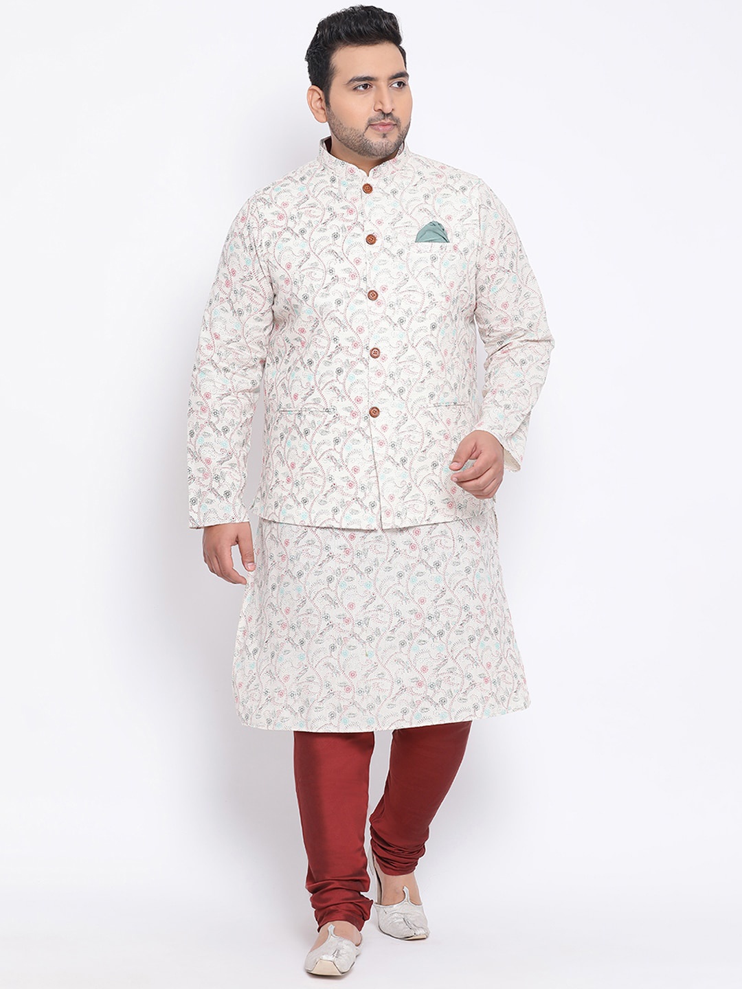 

KISAH PLUS Men White & Maroon Printed Kurta with Churidar & Nehru Jacket