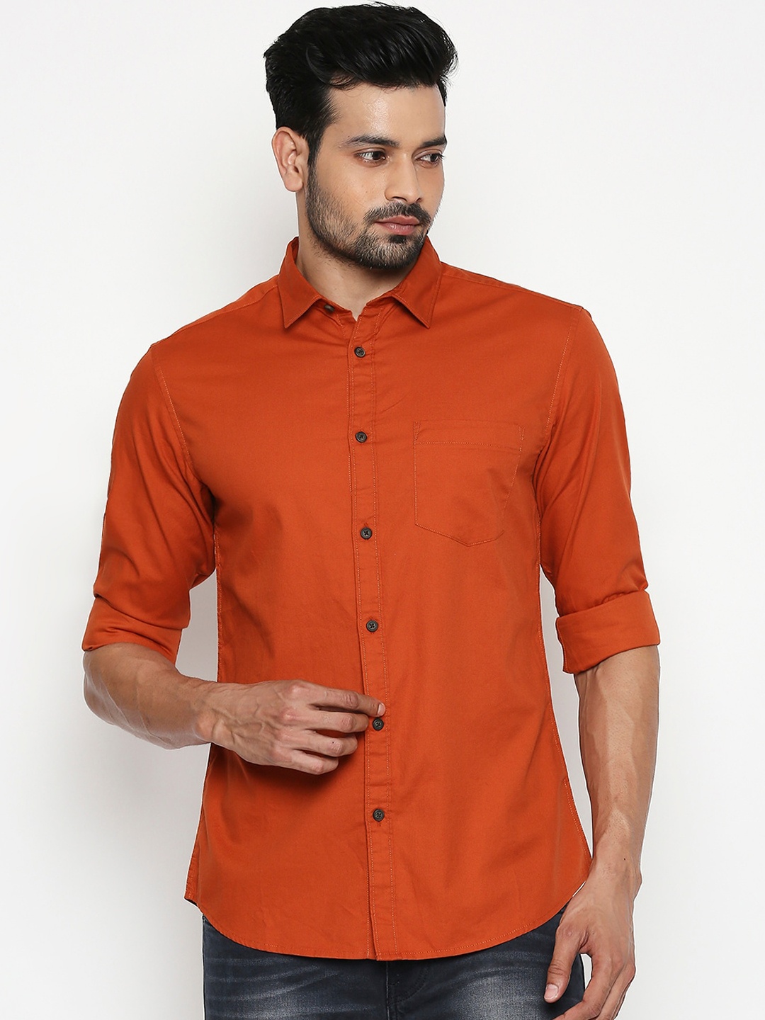 

BYFORD by Pantaloons Men Orange Slim Fit Solid Casual Shirt
