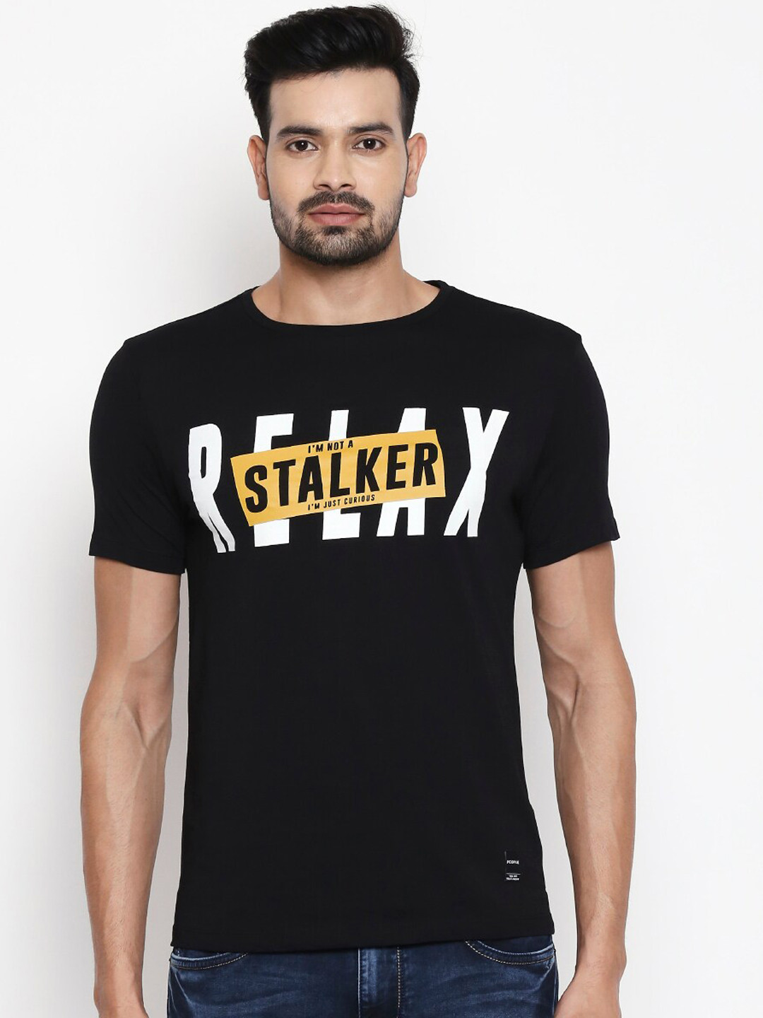 

People Men Black Printed Round Neck Cotton T-shirt