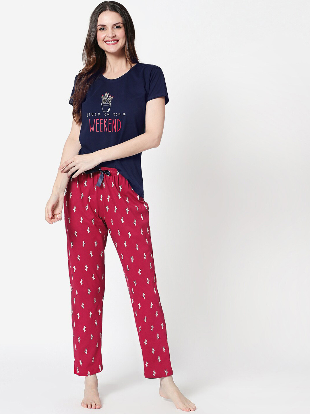 

Zeyo Women Blue & Red Printed Night Suit