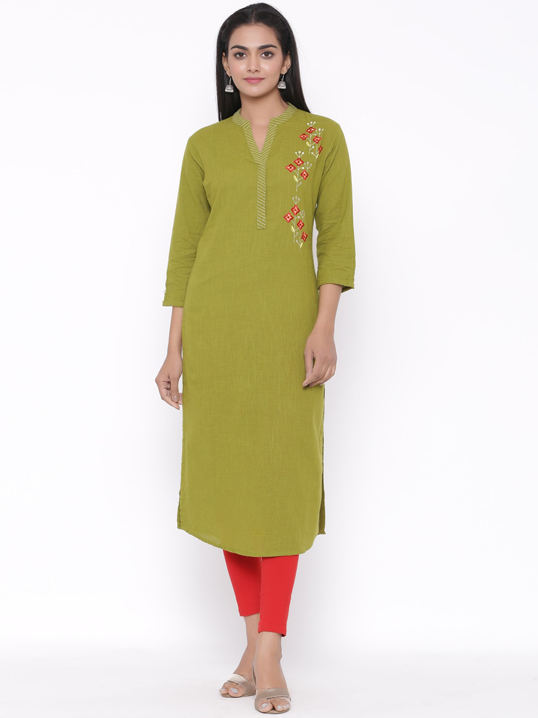 

fabGLOBAL Women Green Embroidered Straight Kurta