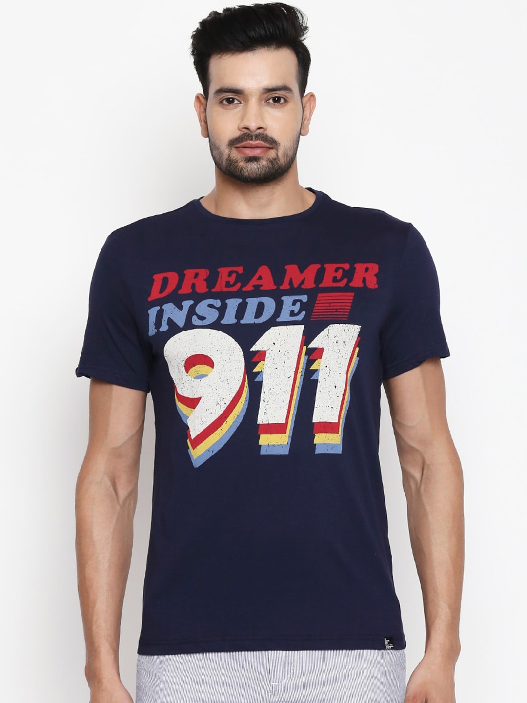 

People Men Navy Blue Printed Round Neck Cotton T-shirt