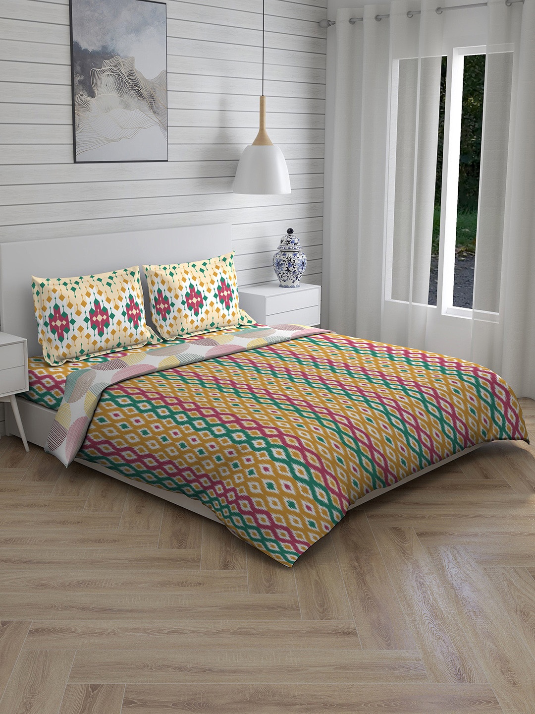 

Layers Mustard Yellow & Pink Geometric Printed 144 TC Cotton Bedding Set