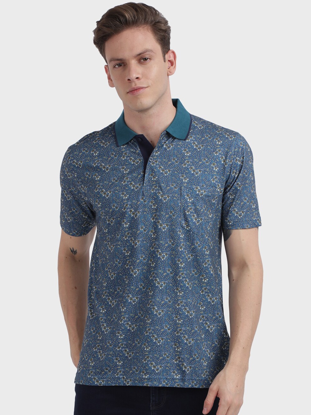 

ColorPlus Men Blue Printed Polo Collar T-shirt