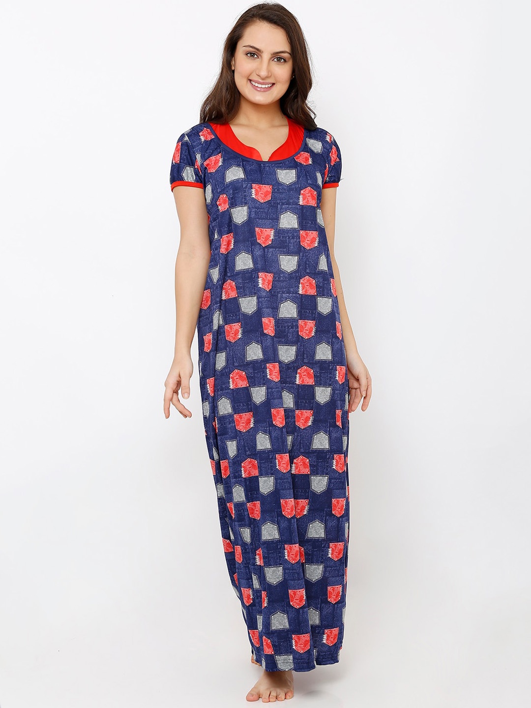 

Pretty Awesome Women Navy Blue & Red Printed Nightdress
