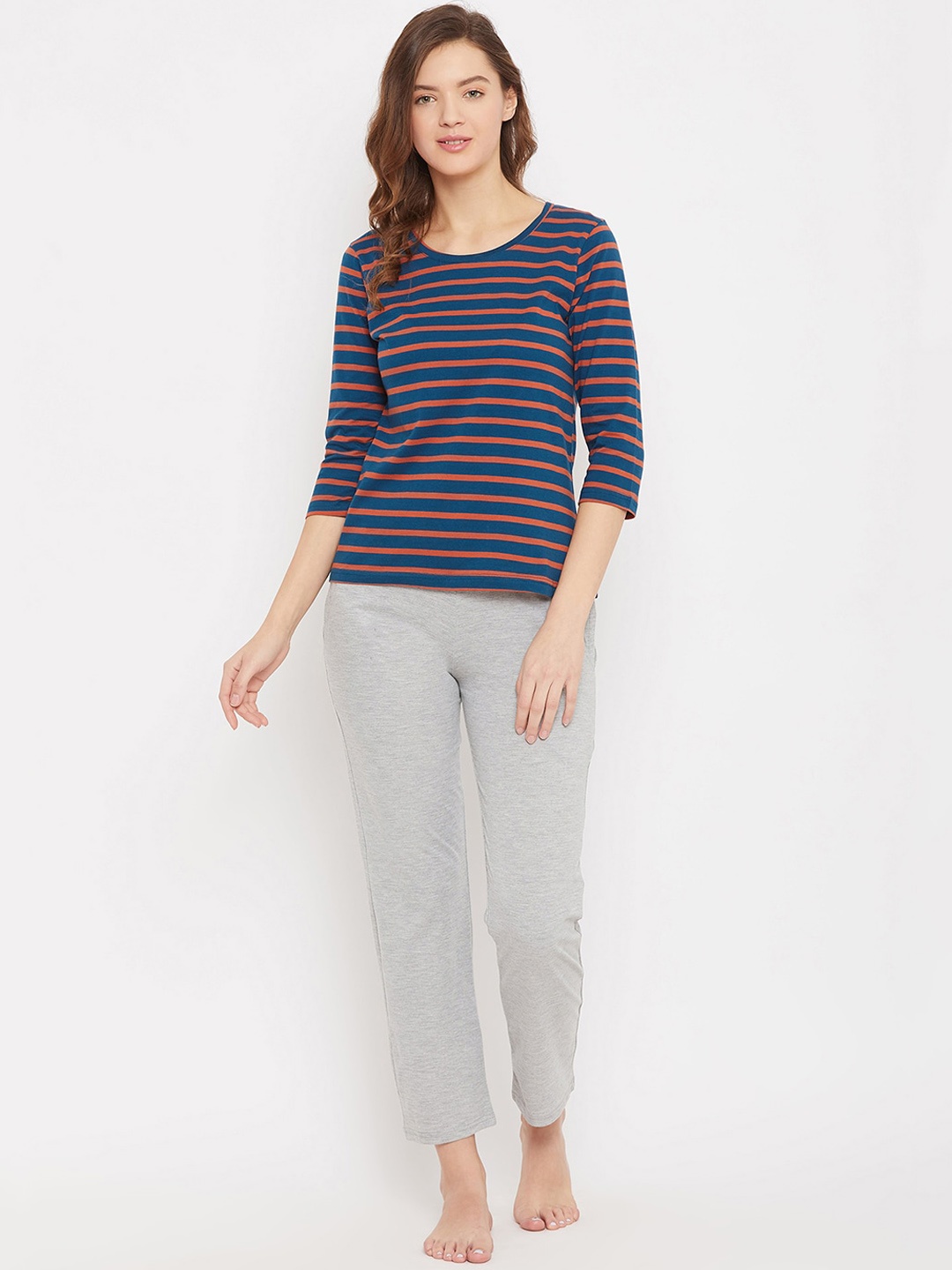 

Clovia Women Blue & Grey Striped Night suit