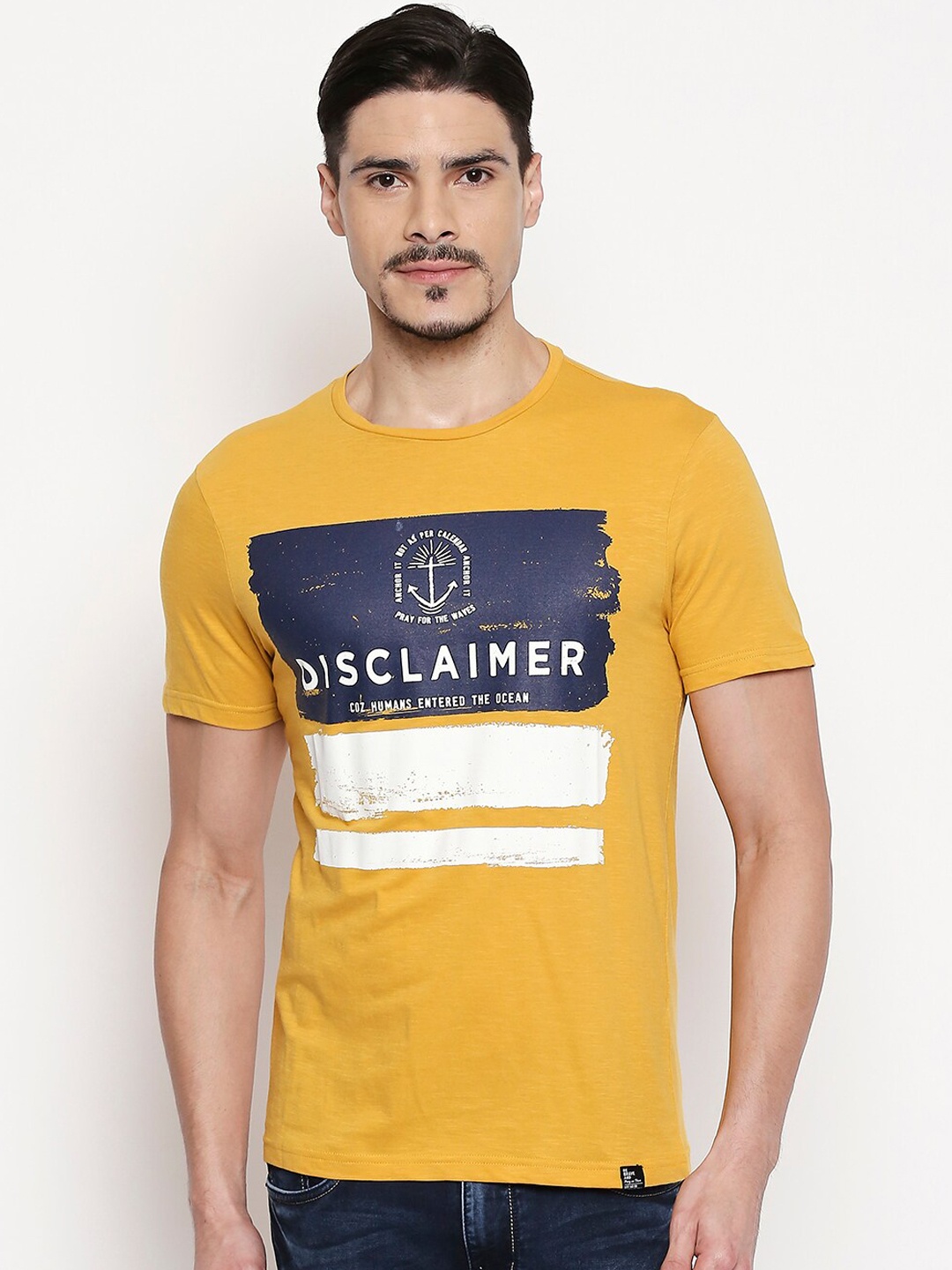 

People Men Mustard Printed Round Neck Cotton T-shirt