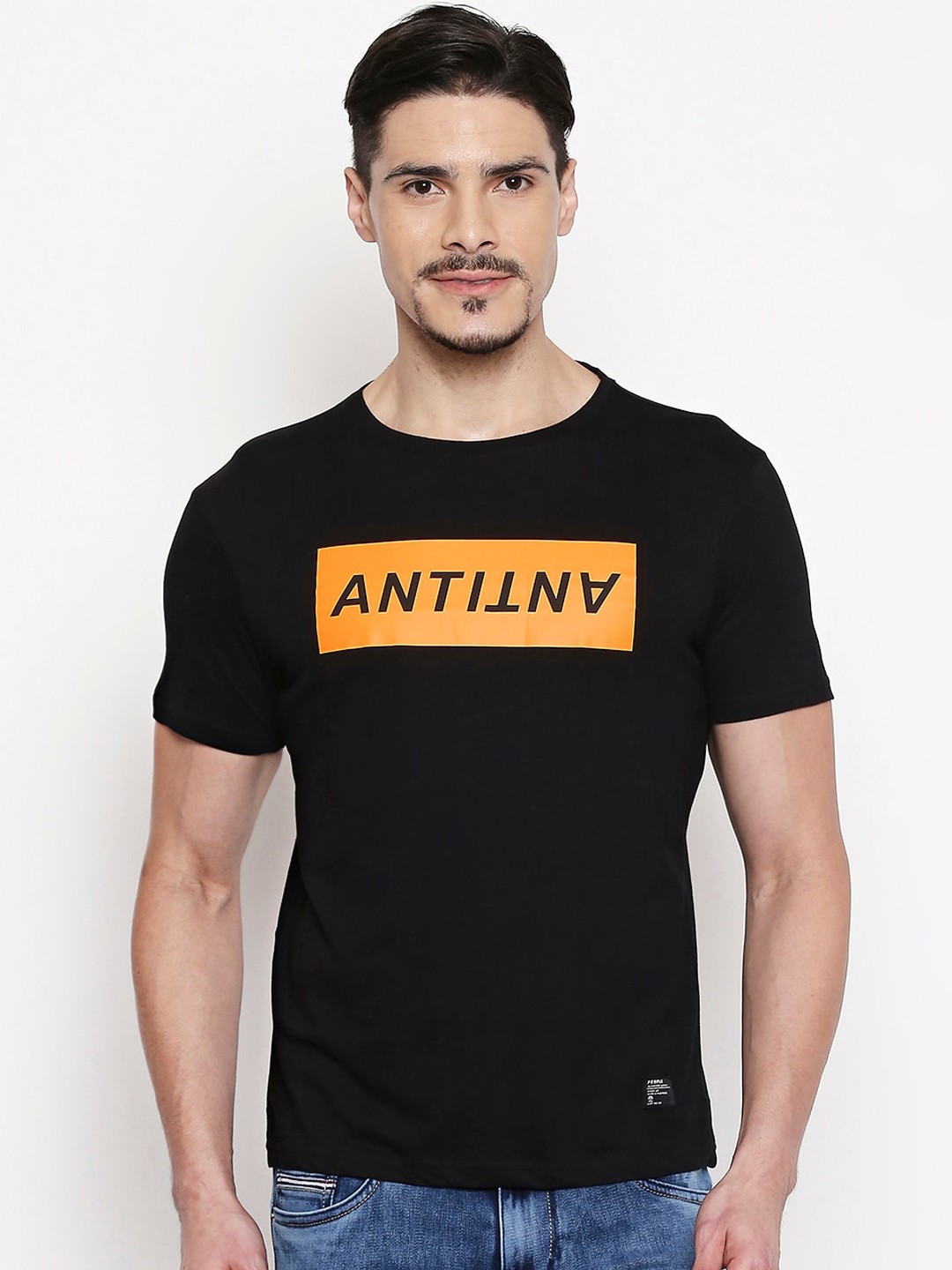 

People Men Black Printed Round Neck Cotton T-shirt