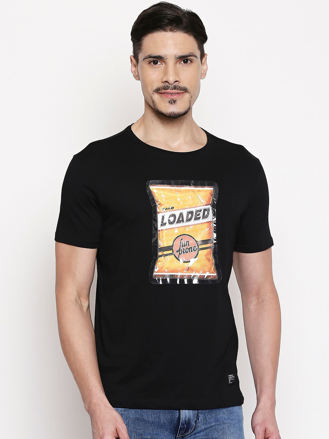 

People Men Black Printed Round Neck Cotton T-shirt