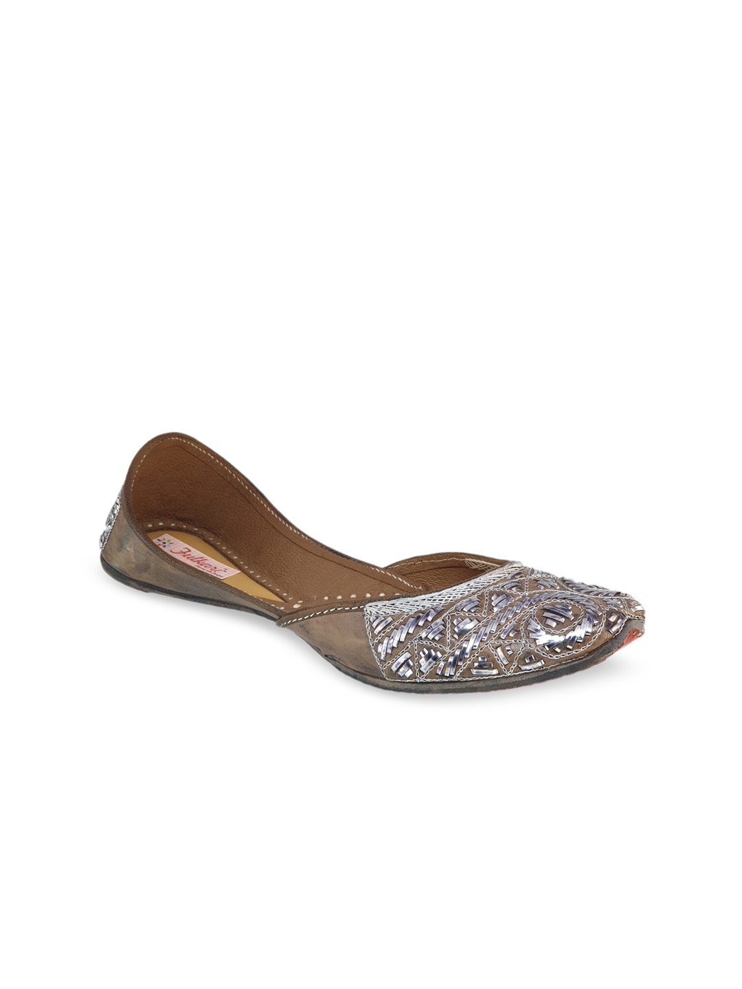 Fulkari Women Grey & Brown Woven Design Leather Mojaris