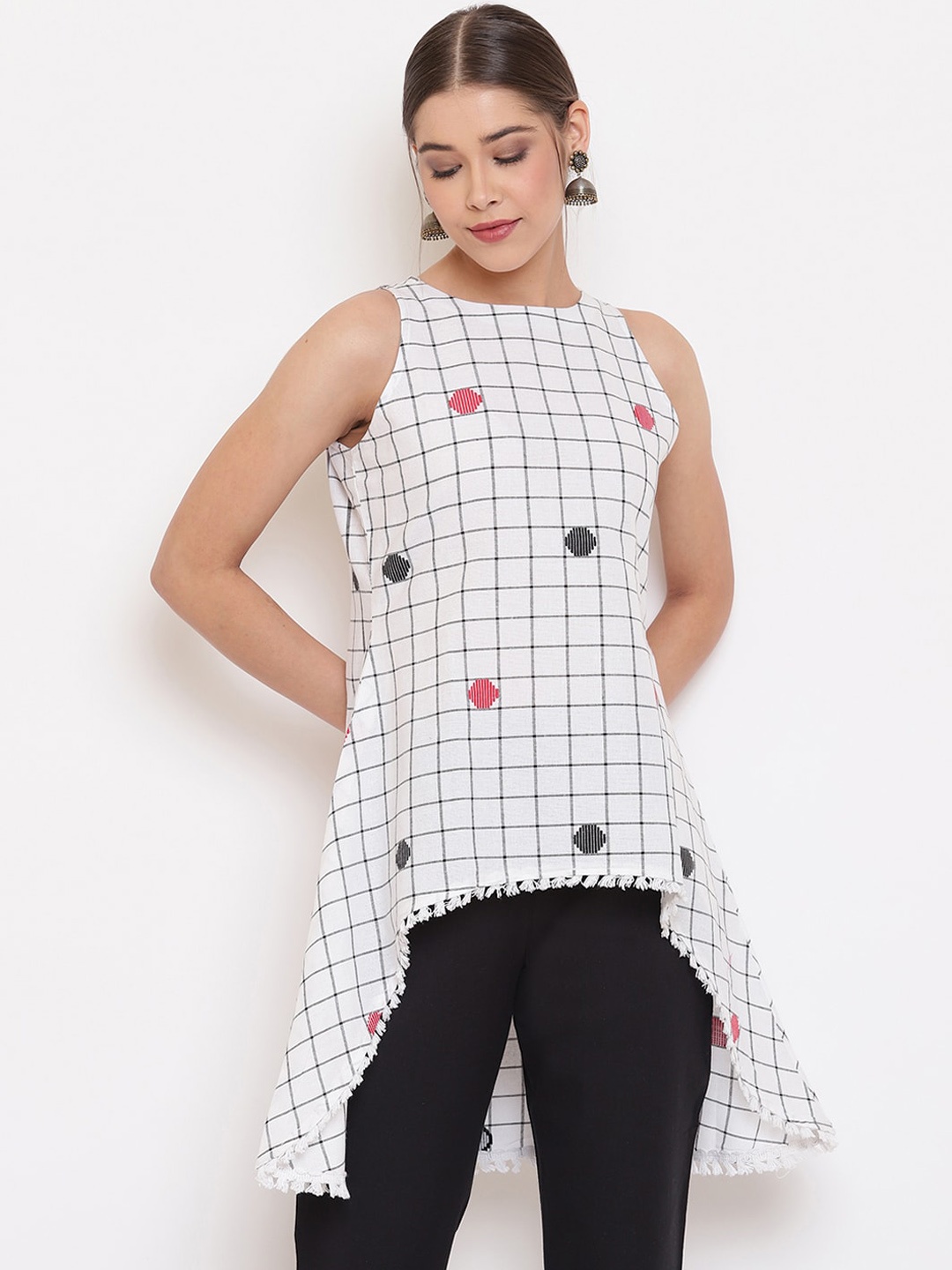 

Janasya Women White Checked High-Low Pure Cotton Top
