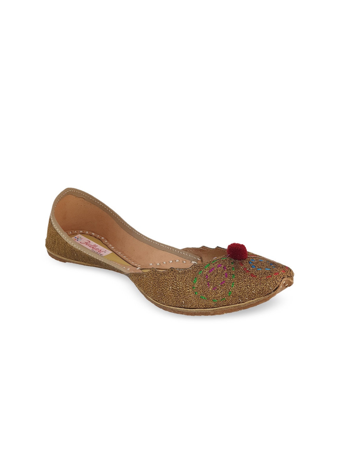 Fulkari Women Copper-Toned Woven Design Leather Mojaris