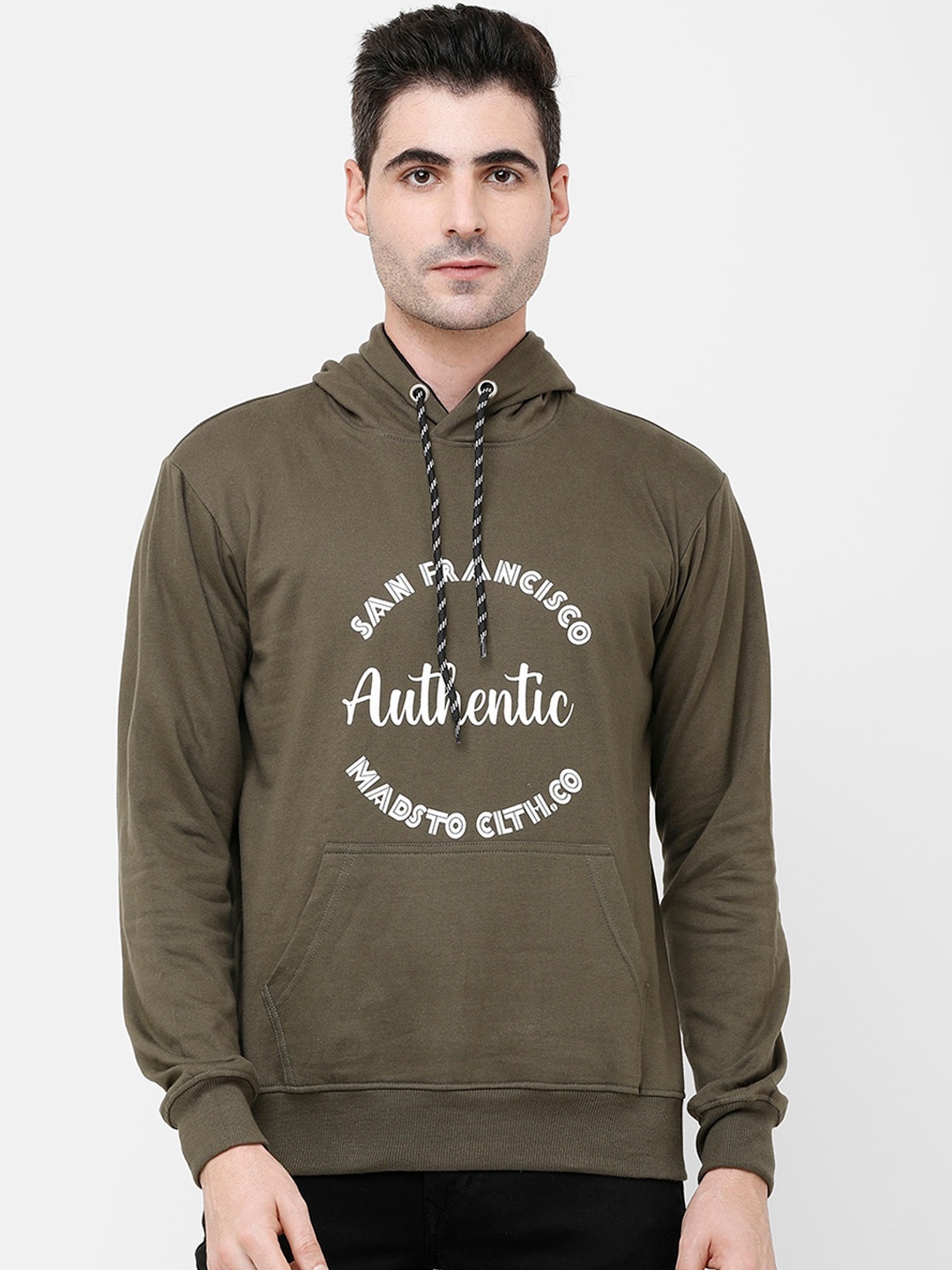 

MADSTO Men Olive Green Printed Sweatshirt