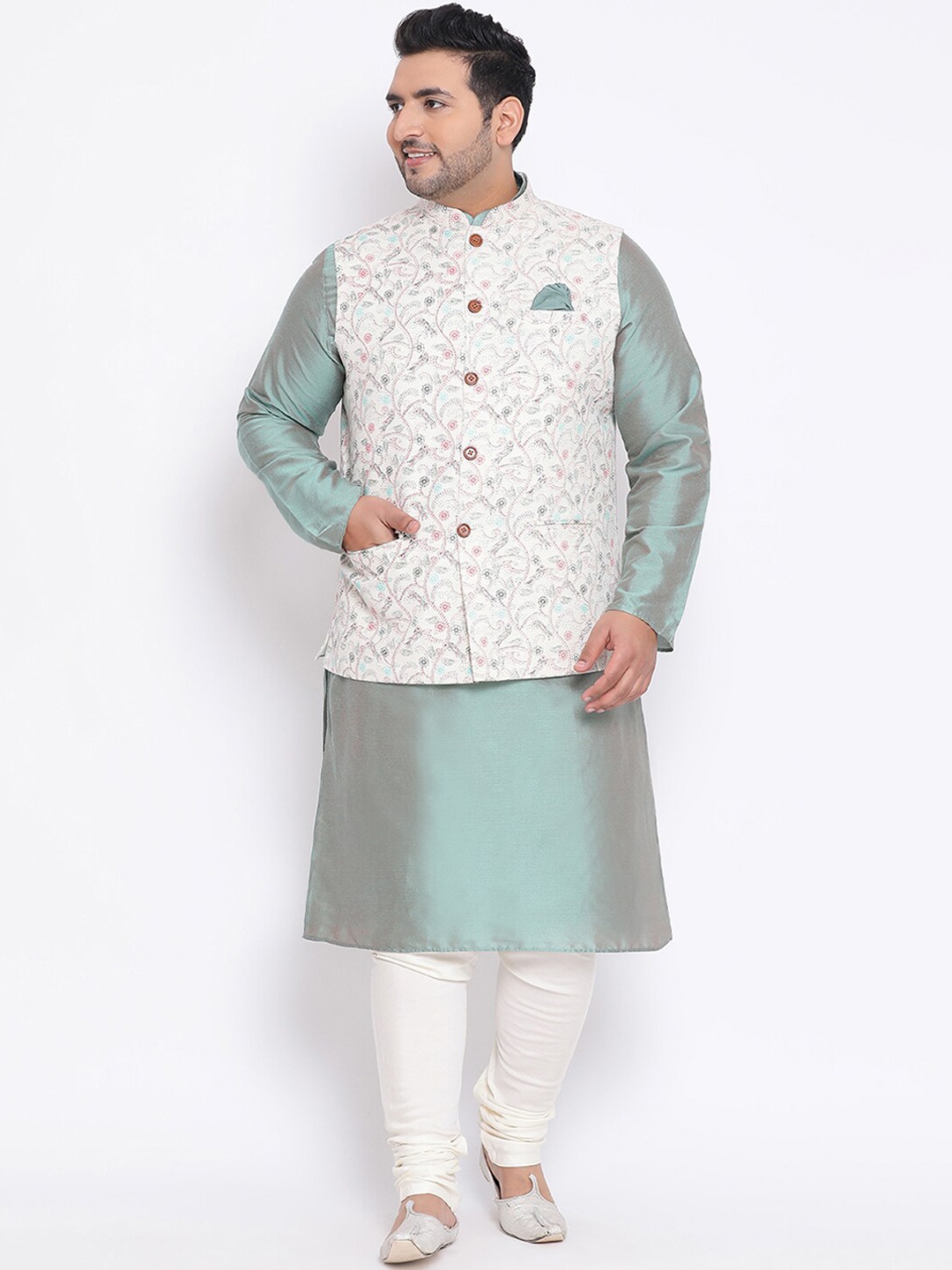 

KISAH Men Kantha Printed Regular Fit Kurta Jacket Churidar Set, Teal