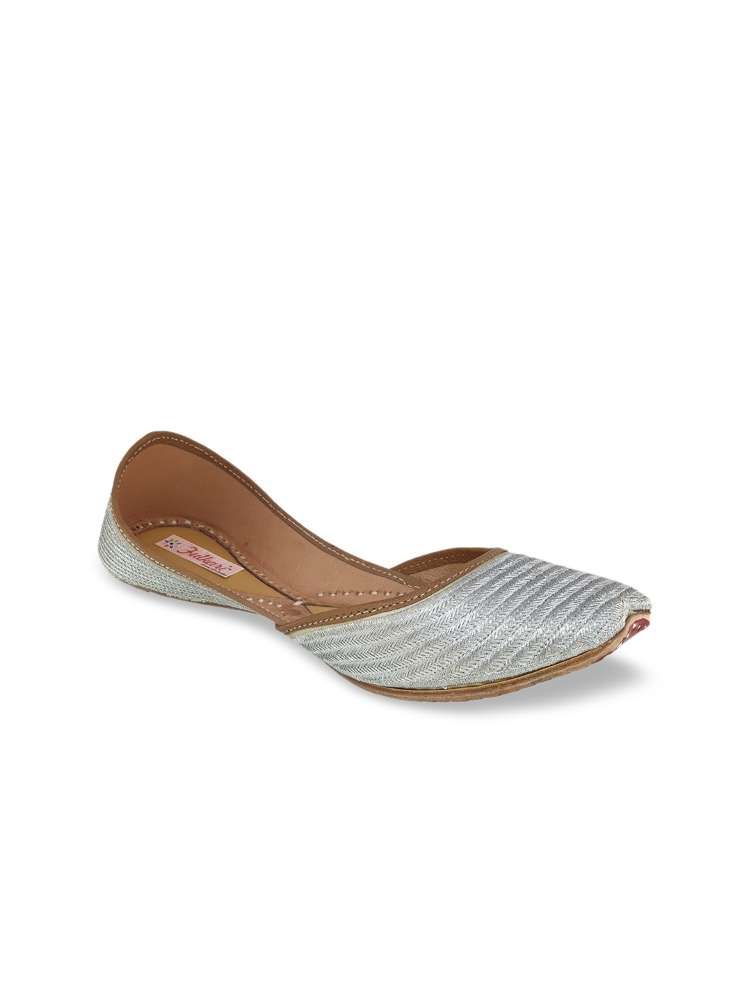 Fulkari Women Silver-Toned Woven Design Leather Mojaris