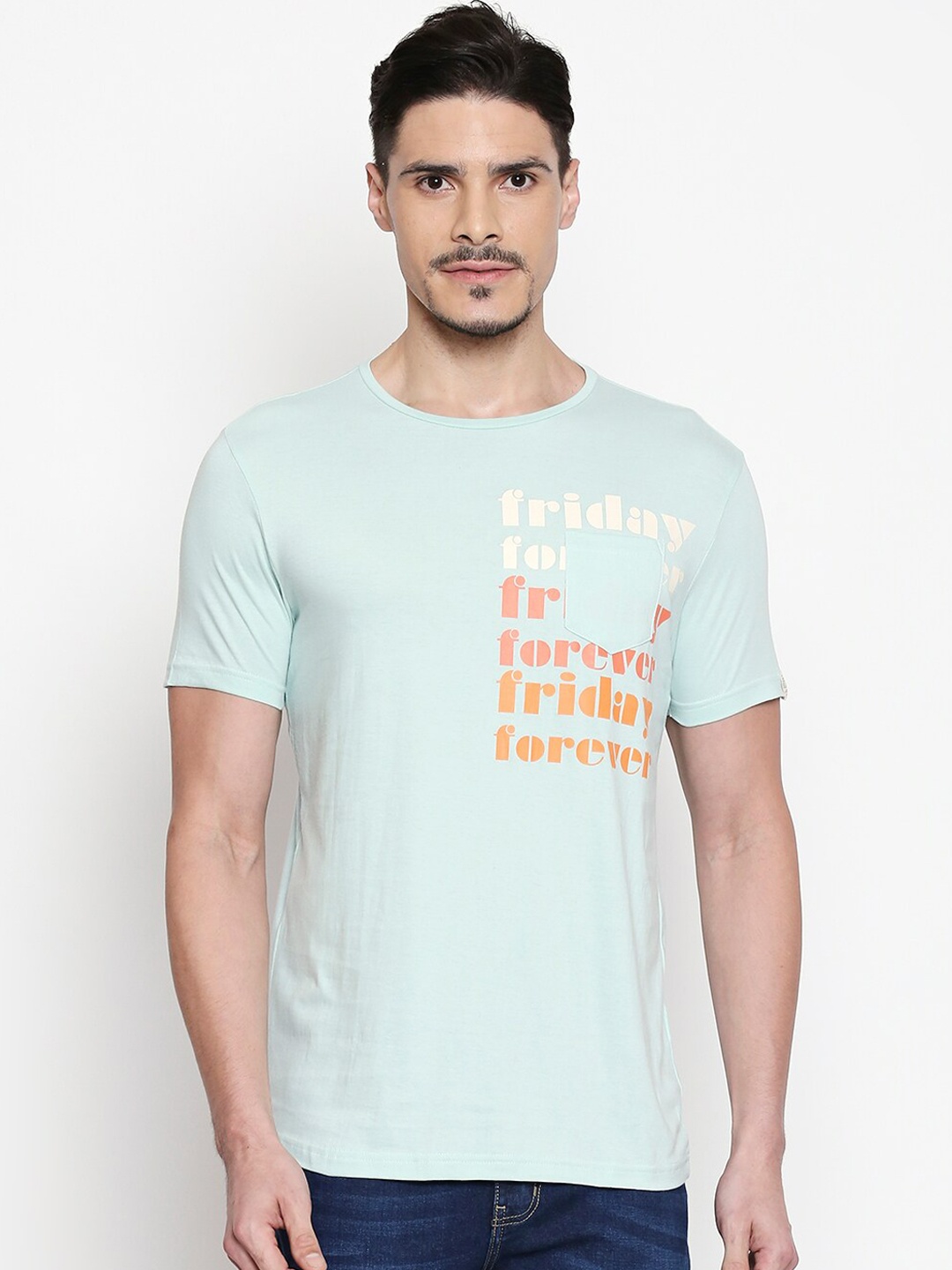 

People Men Blue Printed Round Neck Cotton T-shirt