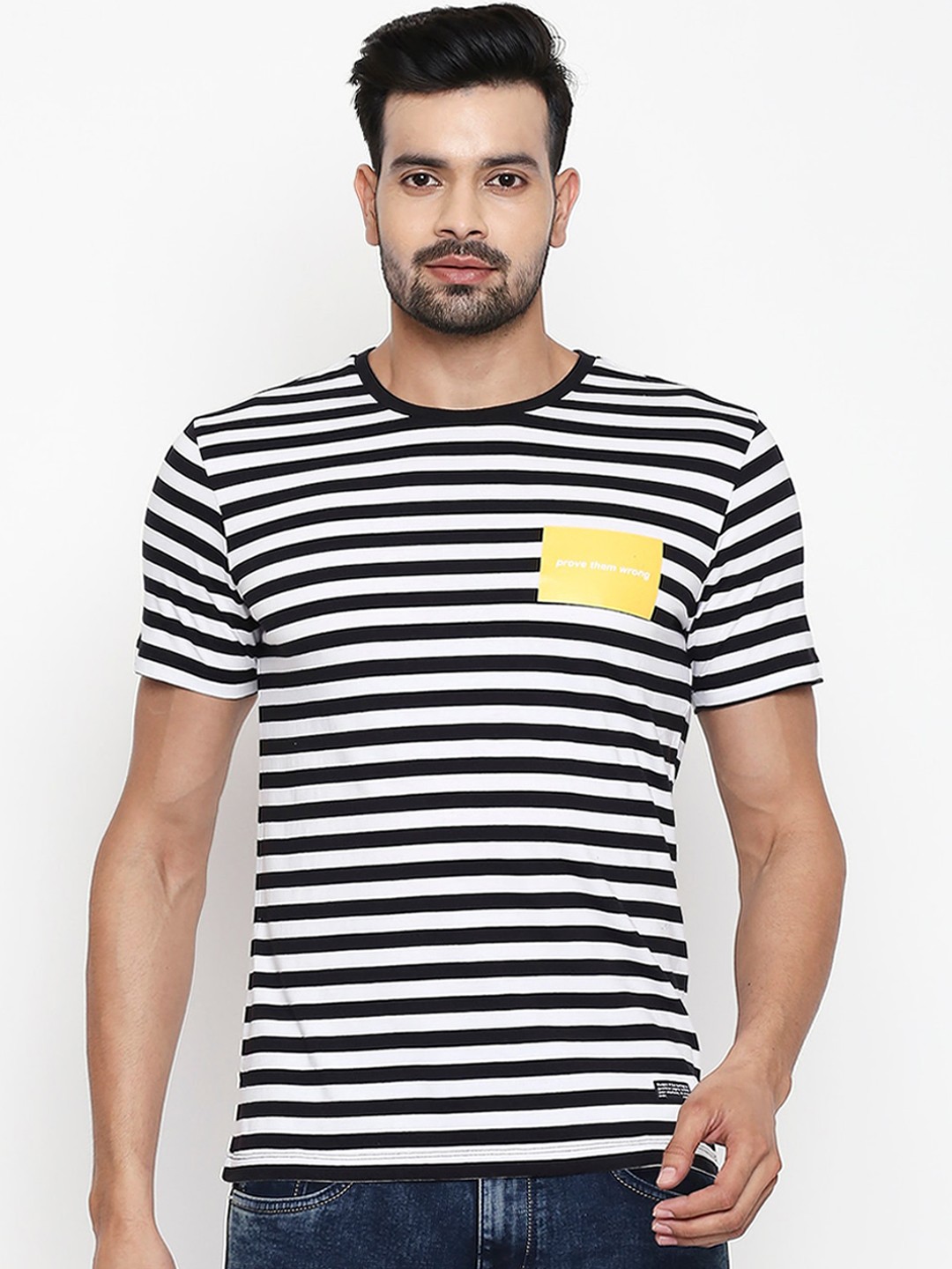 

People Men White Striped Round Neck Cotton T-shirt